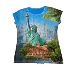 SWEET GISELE BLUE WOMEN'S TOP SHORT SLEEVE Sz XL STATUE OF LIBERTY MADE IN USA